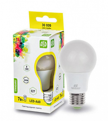 Лампа LED-standard - A60   7Вт 160-260В Е27 3000К 600Лм ASD