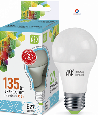 Лампа LED-standard - A60 15Вт 160-260В Е27 4000К 1200Лм ASD