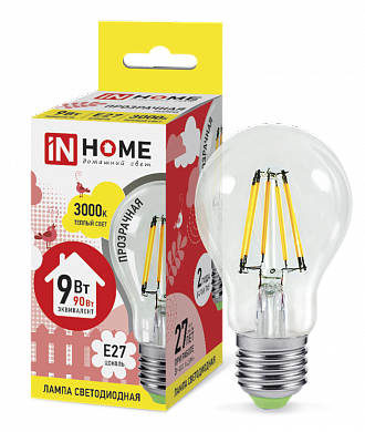 Лампа LED-deco-A60 9Вт 230В Е27 3000К 810ЛМ прозрачн. IN HOME