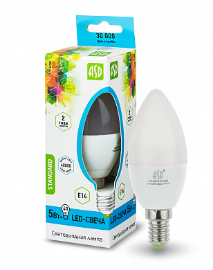 Лампа LED-standard - СВЕЧА 5.0Вт 160-260В Е14 4000К 400Лм ASD
