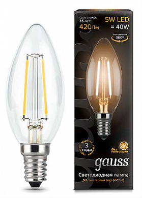 Лампа LED свеча 5W 2700K E14 Filament, Gauss