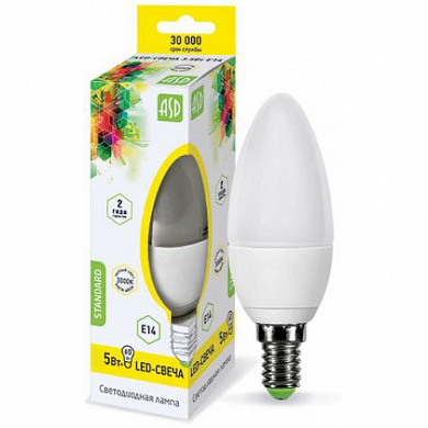 Лампа LED-standard - СВЕЧА 5.0Вт 160-260В Е14 3000К 400Лм ASD