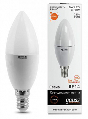 Лампа LED свеча 6W 2700K E14 Gauss-Elementary