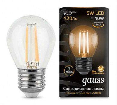 Лампа LED шар 5W 2700K E27 Filament, Gauss