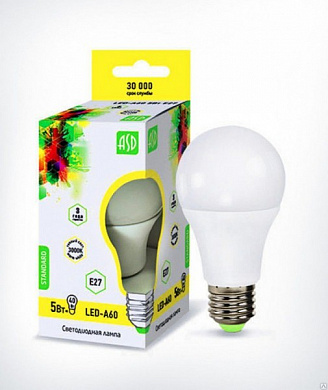 Лампа LED-standard - A60   5Вт 160-260В Е27 3000К 400Лм ASD